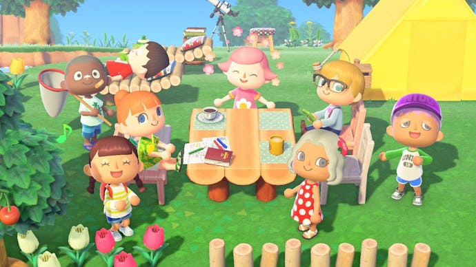 A screenshot from the game Animal Crossing: New Horizons with eight customized characters