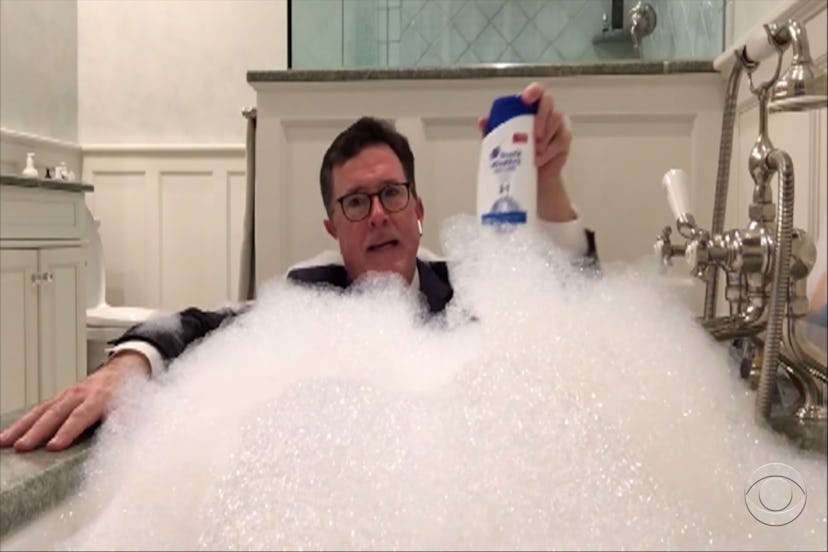 Stephen Colbert takes a bath. No dandruff for him, thankyouverymuch.