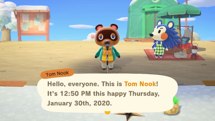 Screenshot from "Animal Crossing" video game in which a player is talking to a NPC called Tom Nook