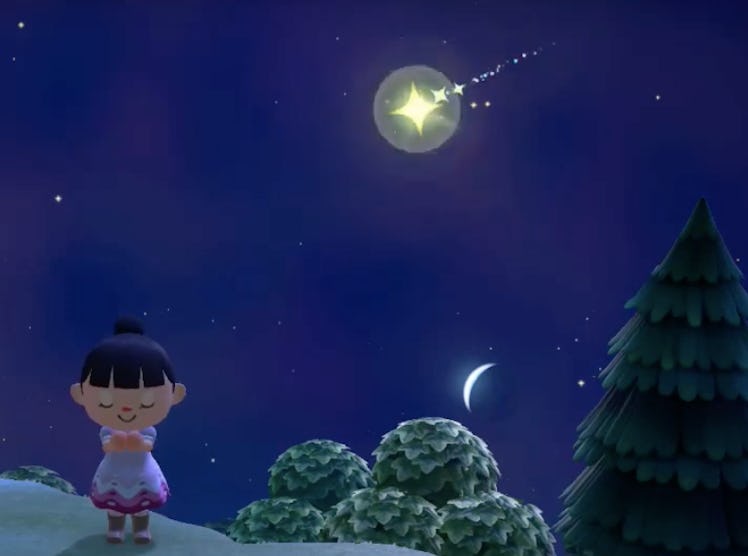 Screenshot of a female character at night in "Animal Crossing: New Horizons" game