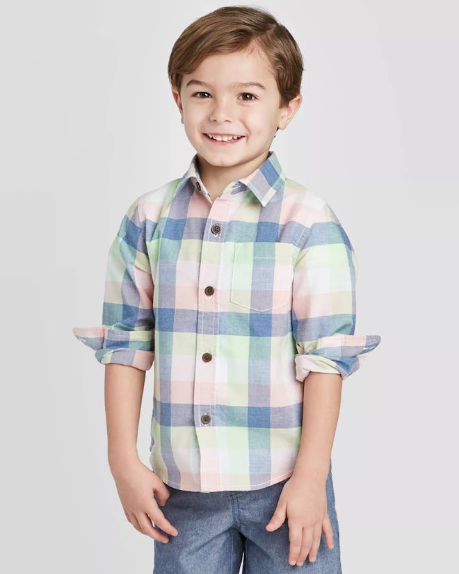 Cat & Jack Toddler Boys' Long Sleeve Woven Plaid Button-Down Shirt in Green/Pink