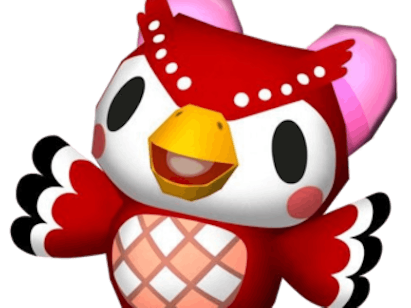 Red colored bird character Celeste from the Nintendo video game "Animal Crossing: New Horizons"
