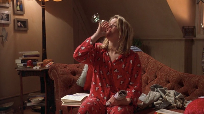 A screenshot from the film Bridget Jones' Diary where Bridget is in her pajamas drinking wine. If yo...