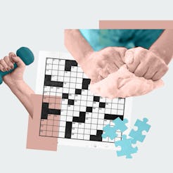 A collage of a crossword puzzle, a woman kneading dough, and working out, all activities with anxiet...