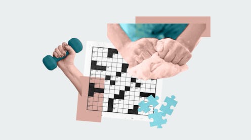 A collage of a crossword puzzle, a woman kneading dough, and working out, all activities with anxiet...