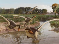 Reconstruction of Dineobellator notohesperus and other dinosaurs from the Ojo Alamo Formation at the...