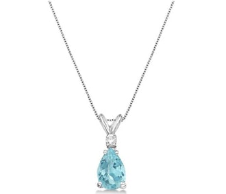 Genuine Pear Aquamarine and Diamond Solitaire Pendant Necklace 14k White Gold (0.75ct)