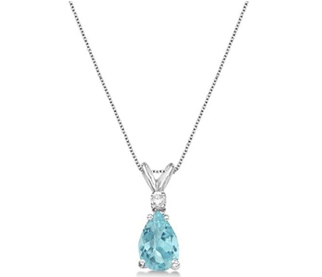 Genuine Pear Aquamarine and Diamond Solitaire Pendant Necklace 14k White Gold (0.75ct)