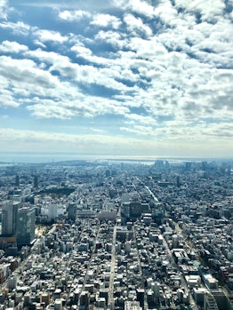 The top of the SkyTree tower in Tokyo, Japan overlooks buildings below on a sunny day.