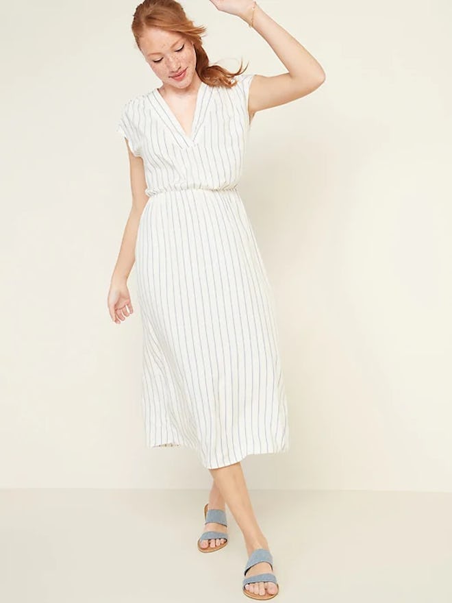 Waist-Defined Striped V-Neck Midi Dress for Women