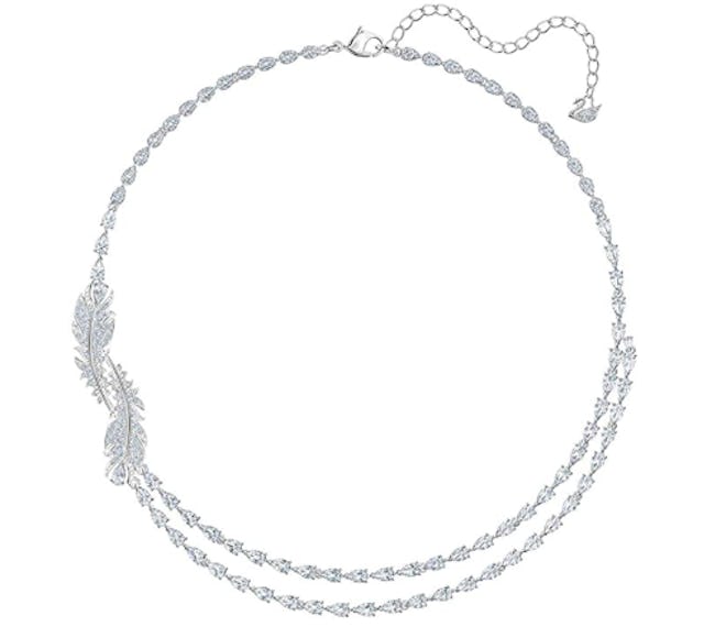 Crystal Nice Feather Collar Necklace, Rhodium-Plated