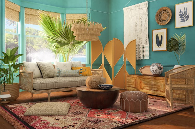 A living room is beautifully decorated on Modsy to look like Moana's home from Disney's 'Moana.'