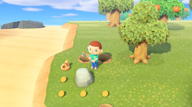 A character from "Animal Crossing: New Horizons" doing the shovel trick