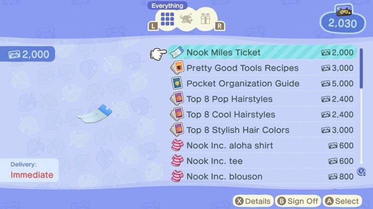 Screenshot of getting Nook Mile Tickets in "Animal Crossing: New Horizons"