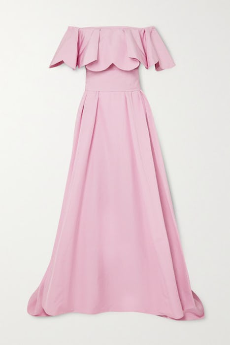 Off-the-shoulder scalloped twill gown