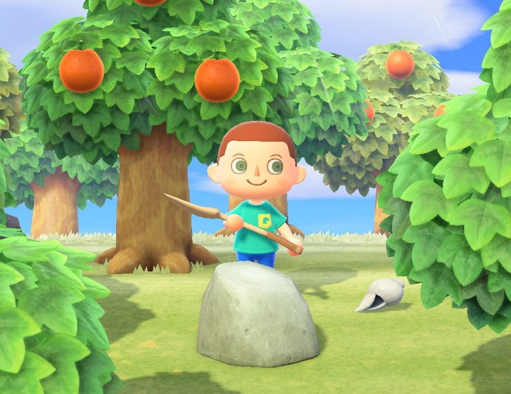 A character from "Animal Crossing: New Horizons" standing with a shovel in front of an iron nugget