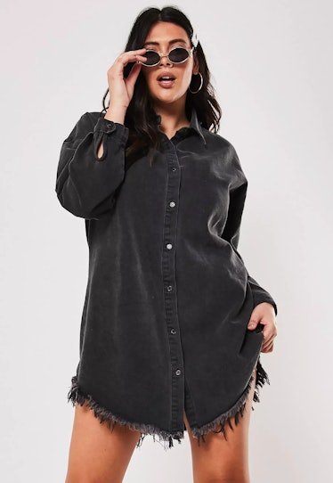 Plus Size Black Frayed Hem Denim Shirt Dress