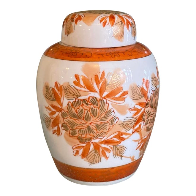 Vintage Orange and Gilt Chinoiserie Ginger Jar With Lid