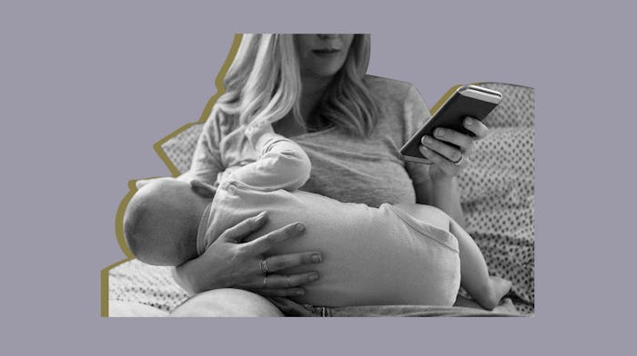 photo of mom breastfeeding baby while on her phone looking at online breastfeeding support groups