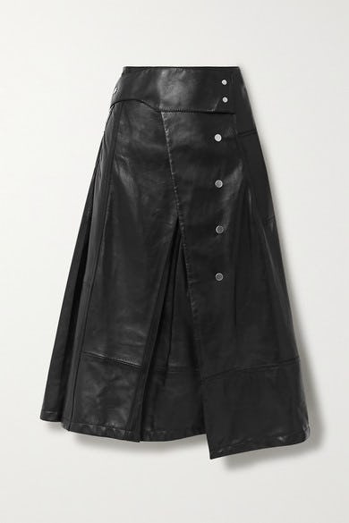 Button-detailed Pleated Leather Wrap Skirt In Black