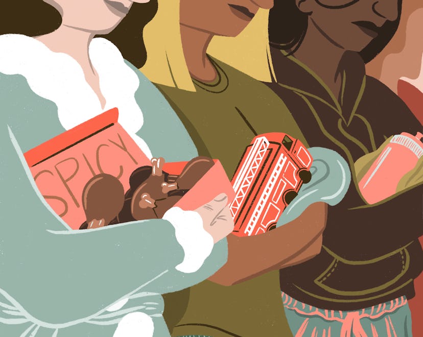 Illustration of women holding food and toys as if they are their babies 