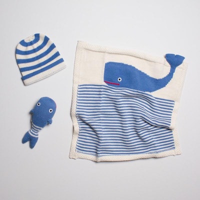 Organic Baby Gift Set - Handmade Lovey Blanket, Rattle Toy & Hat | Whale