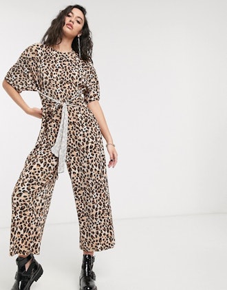 ASOS Design Lounge Plisse Tie Front Jumpsuit in Leopard Print