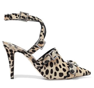Crystal-embellished leopard-print calf hair pumps