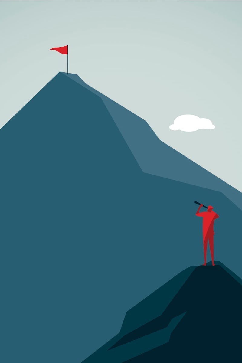 An illustration of a man gazing up at a red flag that represents his goal, situated on a mountain pe...