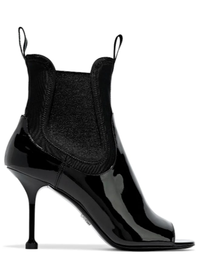 Neoprene-paneled patent-leather ankle boots