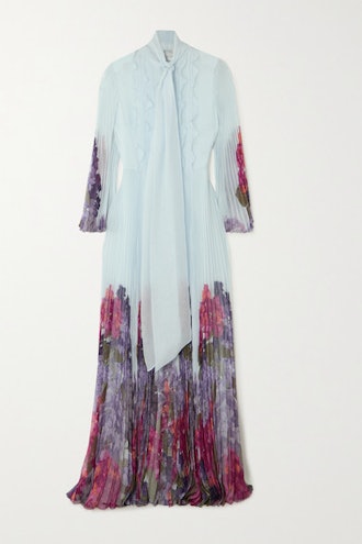 Ruffled Pleated Floral-Print Silk-Chiffon Gown