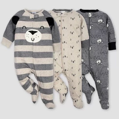Gerber Baby Boys' 3pk Bear Sleep N' Play Pajamas - Gray/Light Brown