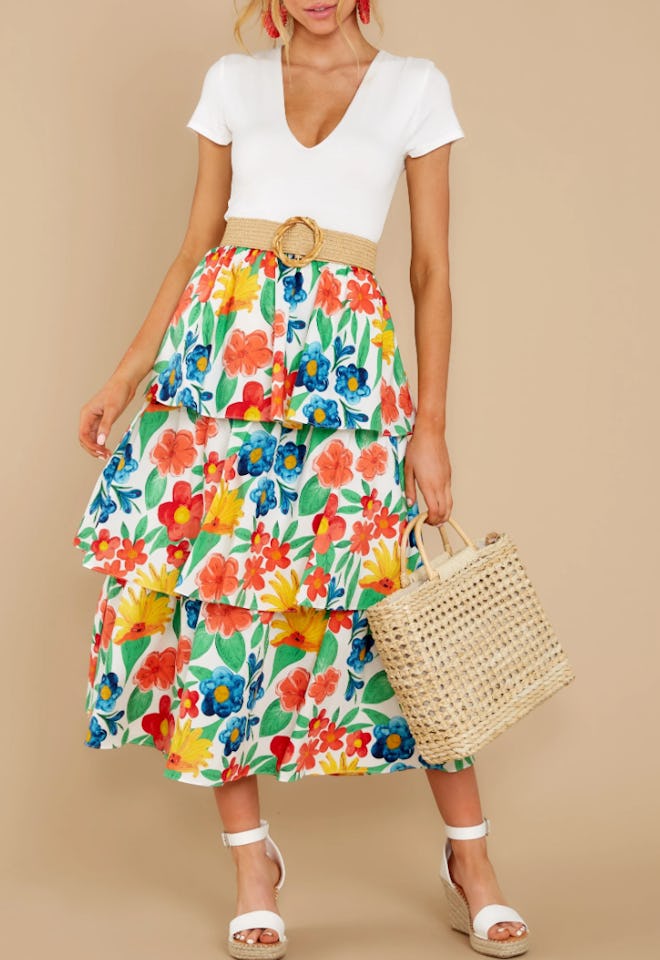 On Your Bright Side White Floral Print Midi Skirt