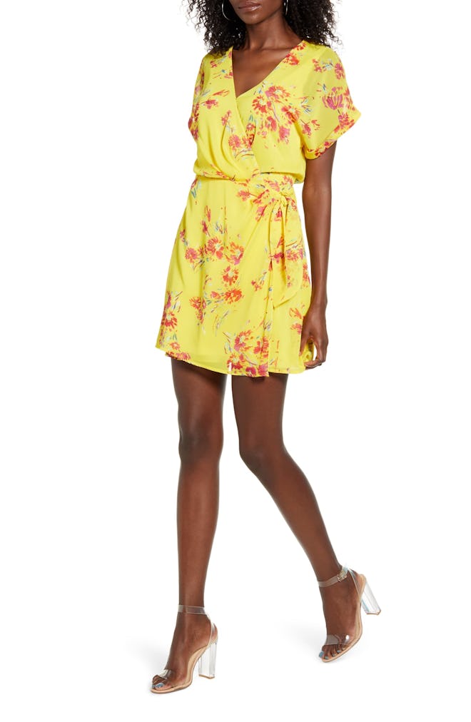 All In Favor Simone Floral Wrap Front Minidress in Mustard-Red Floral