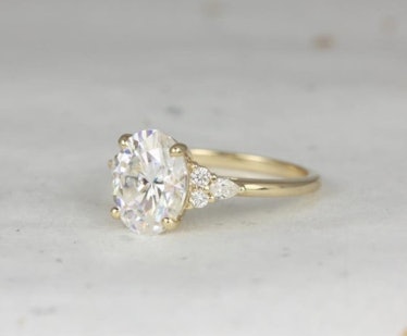3cts Cinderella 10x8mm 14kt Gold Forever One Moissanite Diamonds Unique Dainty Cluster 3 Stone Oval ...