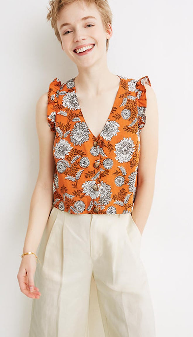 Ruffle Button-Front Tank in Gathered Blooms