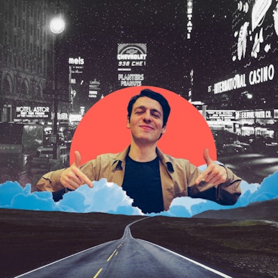 Collage of Anthony Boyle, a city street, and a road in nature