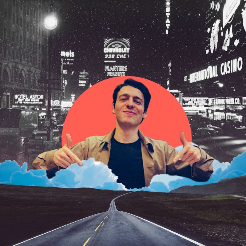 Collage of Anthony Boyle, a city street, and a road in nature