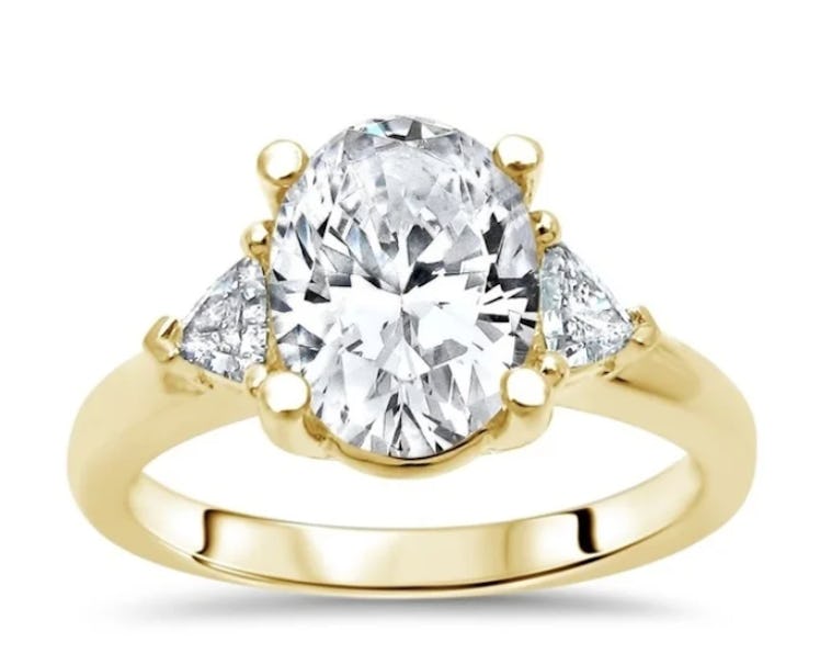 1.55ct TGW Oval Moissanite and Trillion 3 Stone Diamond Engagement Ring 14k Yellow Gold