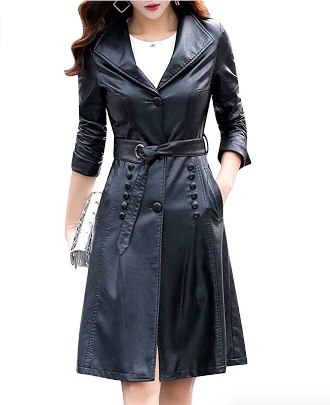 Tanming Button Front Leather Trench Coat