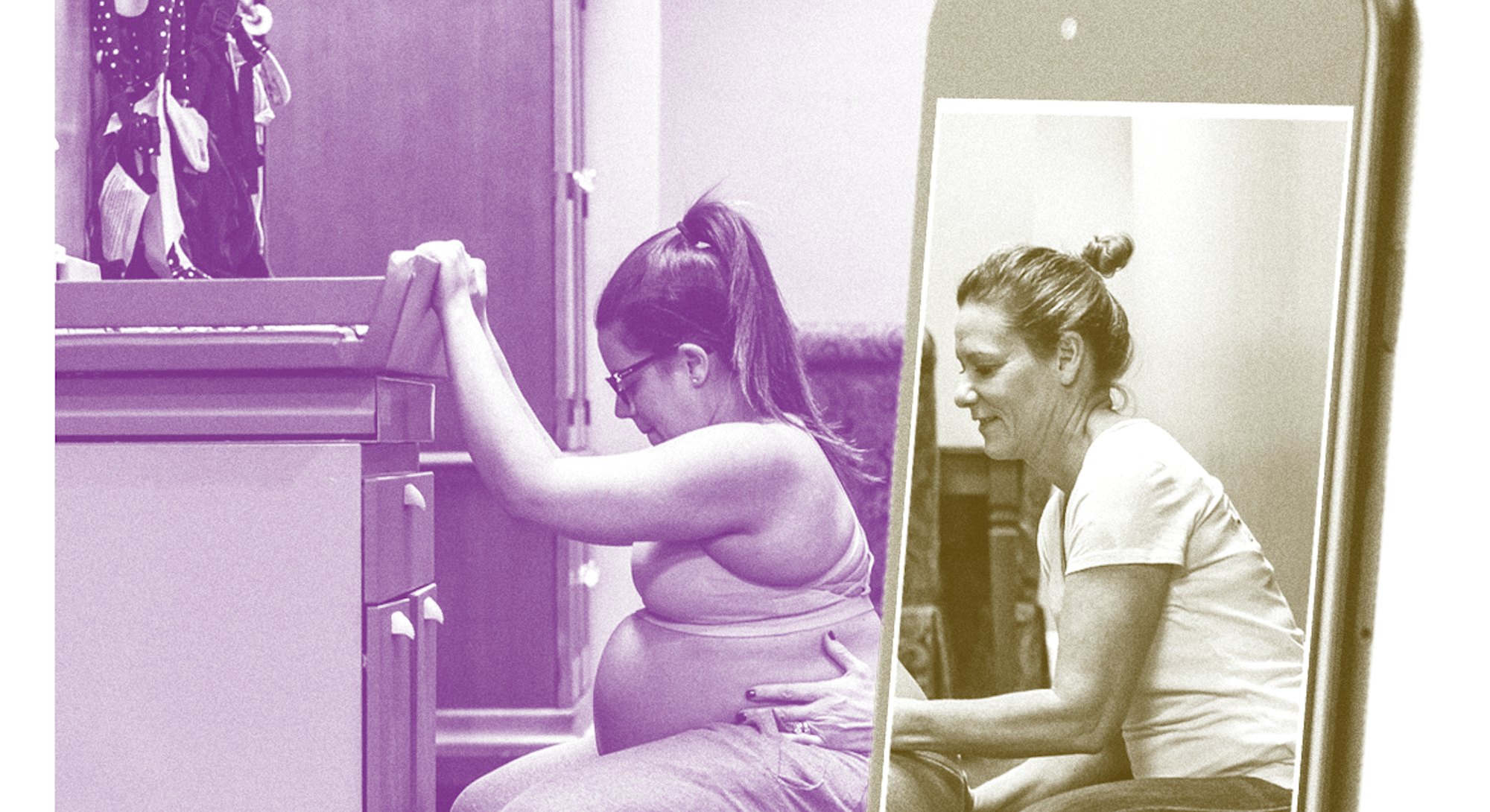 Woman squats during birth with support person behind her