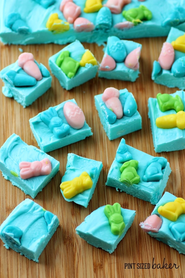 Cut up squares of (blue) raspberry fudge topped with candy bunnies
