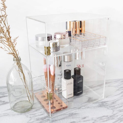 Clear acrylic beauty organizers, like the ones from Moosy Life, typically are available for $20 or l...