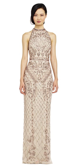 Mock Neck Beaded Column Dress with T-Back