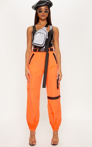 PrettyLittleThing Neon Orange Shell Belted Pocket Detail Joggers