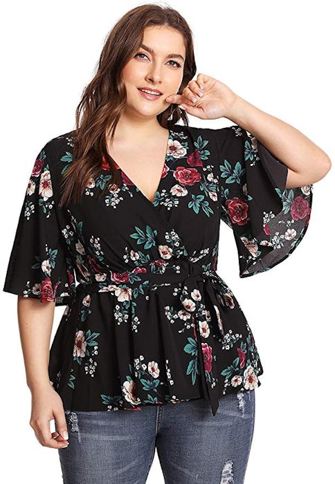 Romwe Plus Size Floral Print Peplum Tie Wrap Blouse