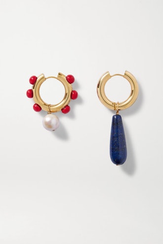 Gold-Plated Lapis Lazuli, Pearl And Glass Earrings