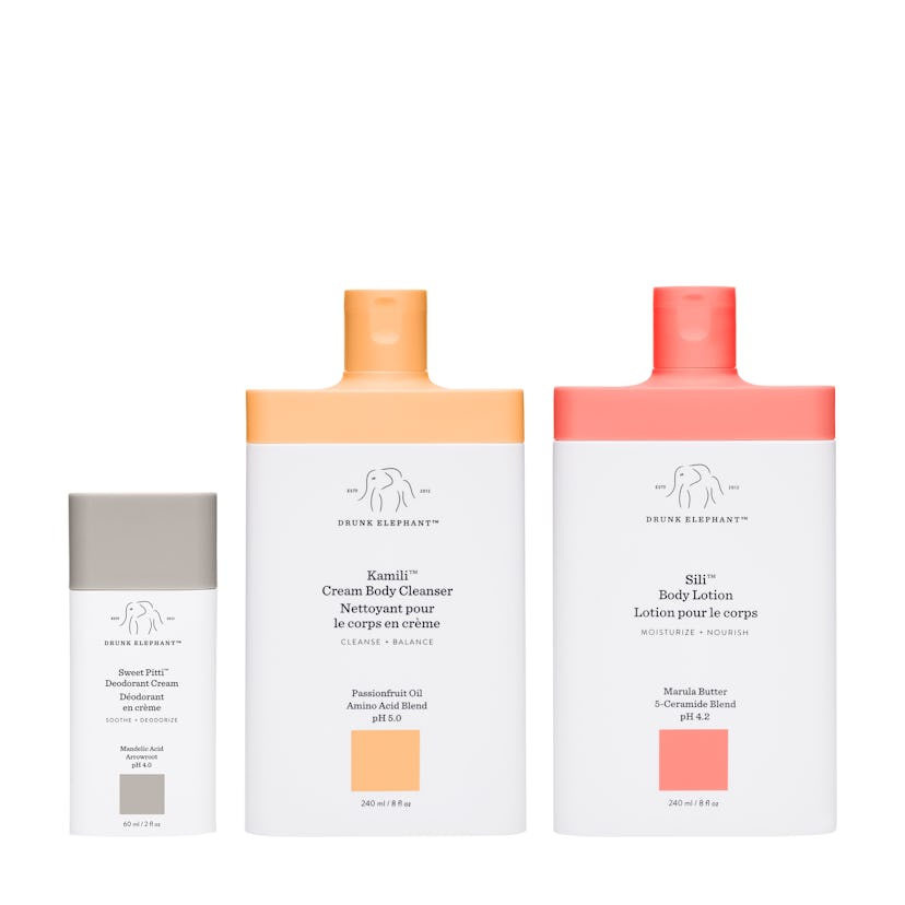 Drunk Elephant body care includes the new Kamili Cream Body Cleanser, Sili Body Lotion, and Sweet Pi...