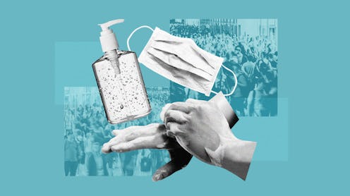 A collage of a person washing their hands, with hand sanitizer and a face mask. This article outline...