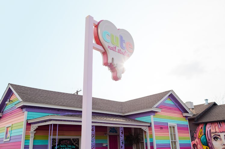 Cute Nail Studio in Austin, TX has a rainbow-colored exterior.